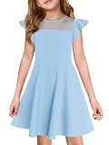 Haloumoning Girls Dress Summer Ruffle Sleeve Mesh A Line Casual Party Dresses with Pockets for Kids 4-14 Years Sky Blue