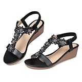 Materialdesign: Diese Sommer-Sandalen mit Keilabsatz für Frauen verwenden Kunstleder und sind abrieb- und alterungsbeständig. Gummisohle Sandalen für Frauen verwenden Multi-Streifen-Sohlen, um ein Verrutschen zu verhindern. Exquisite Blume erhellen Ihr Outfit.