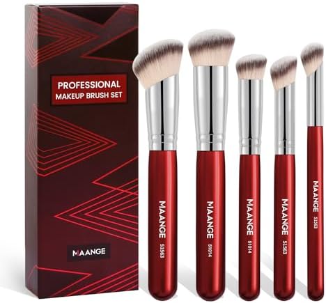 MAANGE Makeup Brushes, 5 Pcs Premium Synthetic Makeup Brush Set Foundation Contour Blusher Brush Concealer Brush Under Eye Travel Make Up Brush (Red)