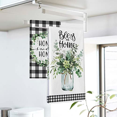 Seliem Summer Eucalyptus Greenery Kitchen Dish Towel Set Of 2, Buffalo Plaid Check Absorbent Hand Drying Baking Cooking Cloth, Spring Seasonal Farmhouse Decor Bless Our Sweet Home Decorations 18 X 26 #TOP6