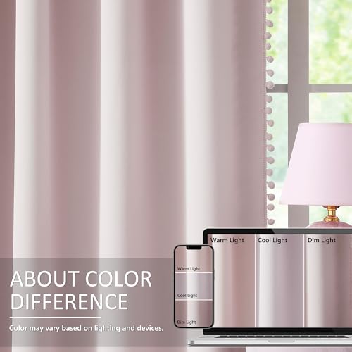 100% Full Blackout-Curtains for Bedroom Pink Pom Poms Curtain Panals for Girls 95inch Cute Thermal Insulated Window Drapes for Living Room Baby Nursery 52" w x 95" l 2pcs Rod Pocket by Treatmentex - Image 3
