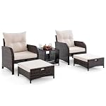 COSTWAY 5-teiliges Balkonmöbel Set, Gartenmöbel aus PE-Polyrattan, Balkonset inkl. 2 Stühle mit Kissen, Hocker & Tisch, Terrassenmöbel, Gartengarnitur, Sitzgruppe für Garten, Balkon, Terrasse