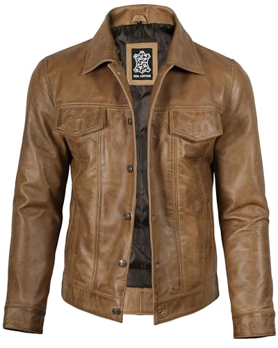Image of fjackets Real Lambskin Vintage Trucker Leather Jacket Men - Shirt Collar Style Leather Jackets For Mens