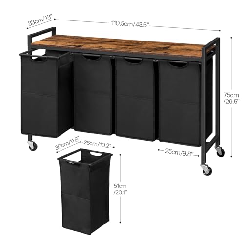 HOOBRO Laundry Sorter 4 Sections, Laundry Hamper with Wheels, 4 × 10.5 Gal (40 L), Rolling Laundry Basket, Pull-Out and Removable Oxford Fabric Bags, Rustic Brown and Black BF04XY01