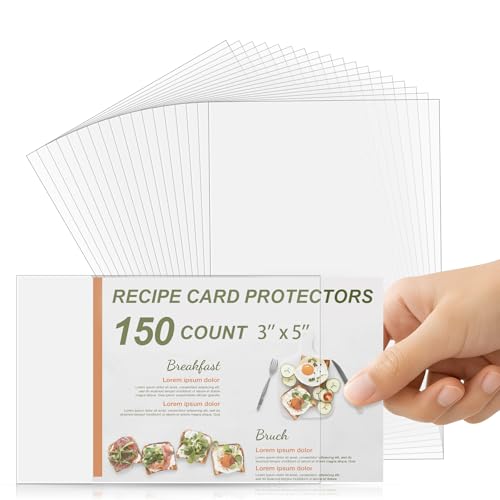 150 Count Recipe Card Protectors, 3 x 5 Recipe Card Holder Covers Waterproof & Oil-Proof Plastic Sleeves for Index Cards, Recipe Holder Covers, Cookbook Protector Sheets