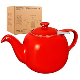 Urban Lifestyle Théière avec infuseur 1,1 L en porcelaine rouge Théière anti-goutte Infuseur intégré pour thé loose (Swansea)