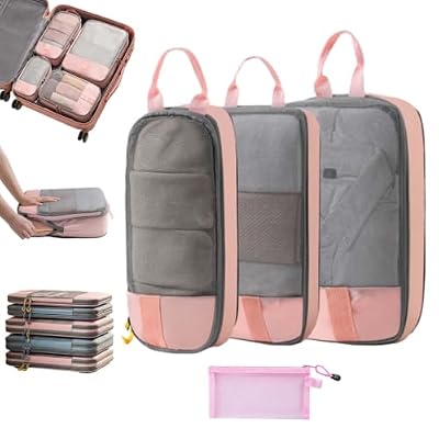 6-Piece Expandable Space-Saving Packing Cubes, Compression Packing Cubes for Travel, Lightweight Waterproof Luggage Organizer, Durable Clothes Packing Bags for Suitcase Organization (3Pcs-Pink)