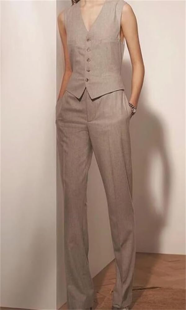 Womens 2 Piece Outfits Linen Suit Summer Vest and Wide Pants Set Business Beach Wedding