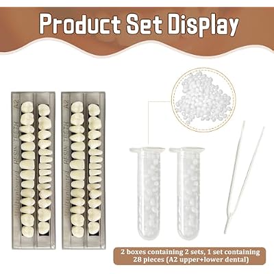 56 Pcs False Teeth Dental Complete Acrylic Resin Denture Teeth, 2 Set Whole Teeth Synthetic Polymer Denture Tooth, 23 Shade A2 Upper + Lower Dental Materials for Replacement, DIY, or Halloween