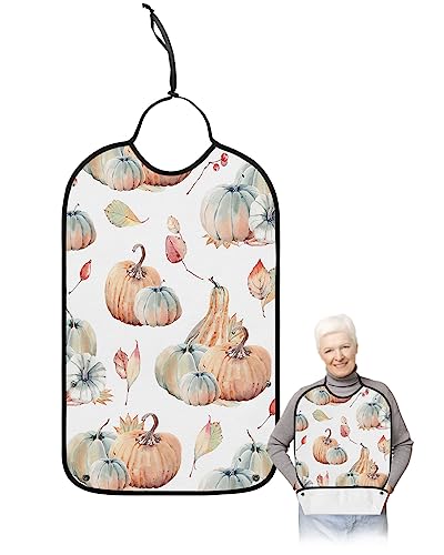 Thanksgiving Adult Bibs for Eating, Waterproof Bibs with Food Catcher & Adjustable Snap Closure, Watercolor Autumn Pumpkin Fallen Leaves Washable Clothing Protectors Adult Bibs for Elderly Women/Men