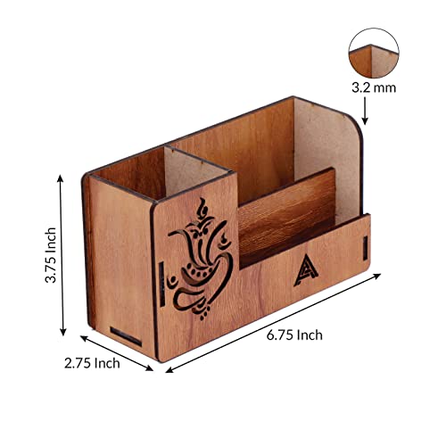Image of Insignia World Pen Stand With Visiting Card & Mobile Holder Multipurpose Wooden Desk Organizer Pen And Pencil (Design 4) - Automobiles, Brown