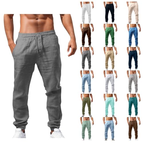 Aniywn Mens White Linen Pants Summer Casual Beach Pants Drawstring Elastic Waist Lightweight Loose Fit Trousers with Pockets