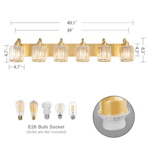 Aixialin Modern Bathroom Vanity Light 6-Lights Brass Gold Vanity Light Crystal Wall Light Bathroom Light Fixtures with Round Shade (Exclude Bulb) by Aixialin - Used condition - Image 4