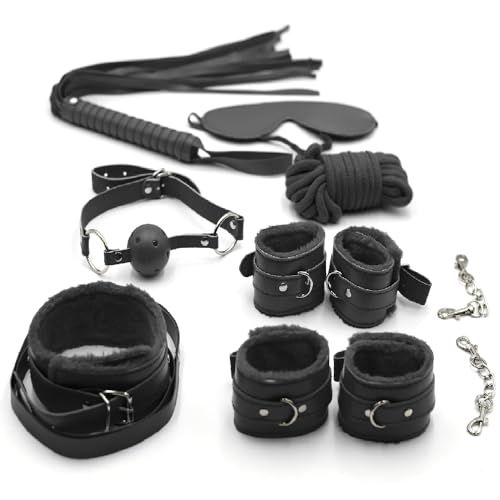 Kit de bondage sexuel pour couple Sangle réglable Chambre Dominance Poignet Cheville Collier Gag Ball Chaîne Corde Fouet Brassard Bondagé Adulte Kit Jeu Résistant Jeu Kinky Play Femmes – Lot de 7 –