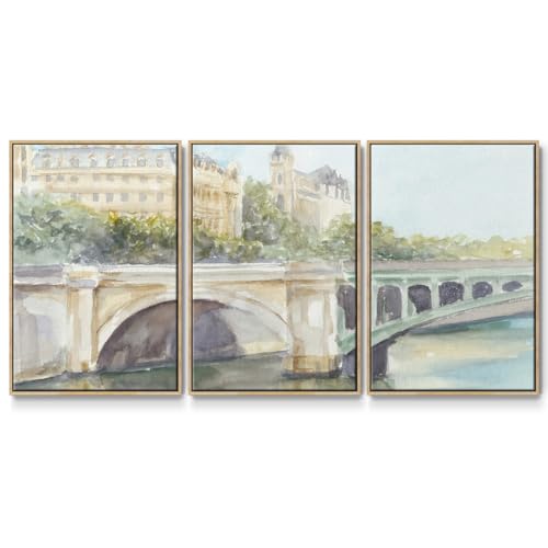 Renditions Gallery Landscape Wall Art French Bridge View Painting Modern Abstract Artwork Canvas Prints Wall Decorations for Living Room and Bathroom-Natural Floater Frame-24”x36”x3 Panels, LS014