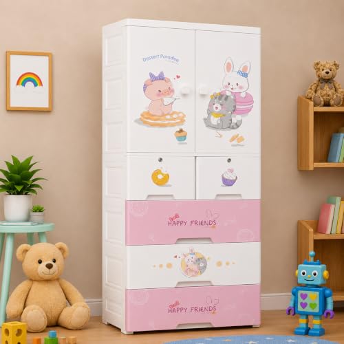 Image of Kids Plastic Collapsible Wardrobe Organizer for Storage with Drawers | Cute Cartoon Design | Heavy Duty Runner Rug Floor Mat Carpets Organizer Bedroom, Living Room (Sweet-Heart, 1+5-Door)