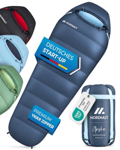 NORDMUT® Schlafsack Ultraleicht – Sommer (100 GSM) und 4-Jahreszeiten (300 GSM), Mumienschlafsack 900g, wasserfest, Camping… – Ansicht 1