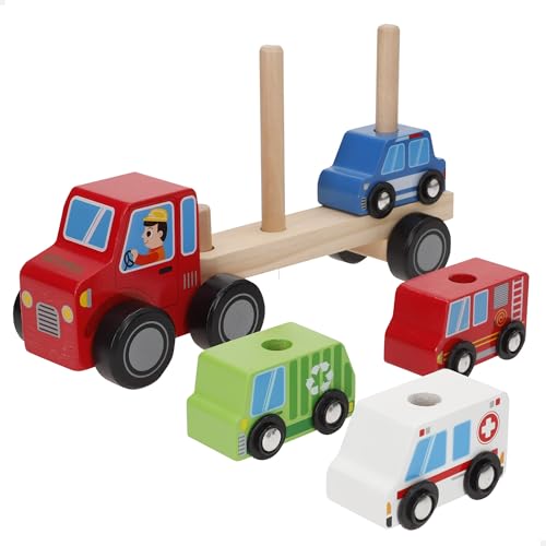 WOOMAX 33067 Camión Transporte Madera, Incluye 4 Coches, Vehículos Reciclaje, Ambulancia, Policía y Bomberos, Juego apilar, Juguete apilable, Sello FSC, Regalo niño 24 Meses, Juguetes niños 2 años