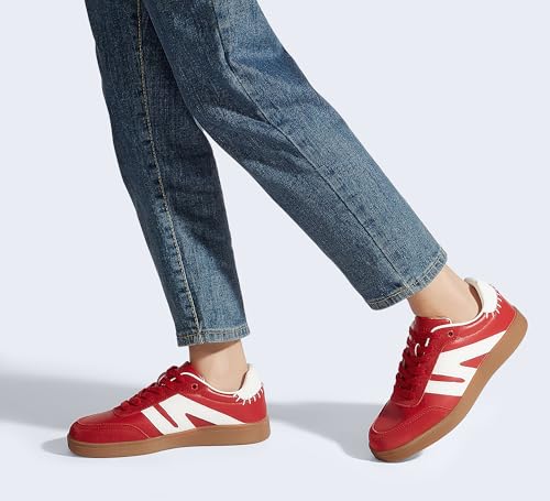 LUCKY STEP Women Classic Retro Gum Sole Fashion Sneakers Casual Tennis Skate Shoe Genuine Leather Walking Footwear Anti Slip Trainers(Red,9)