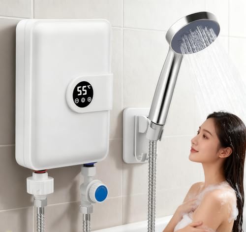Calentador de agua electrónico instantáneo, 5500 W, 220 V, mini calentador de agua con pantalla LCD, calentador de agua eléctrico instantáneo pequeño, 30-55 ℃ mini calentador de agua para ducha, baño