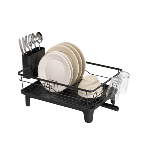 Amig - Geschirrabtropfer Mod. Platz - 47 x 34,4 x 22,3 cm - Edelstahl und Polypropylen mit Beschichtung - Farbe Schwarz - Abtropfer mit Tropfschale und Besteckhalter - Abtropfer mit Tropfschale