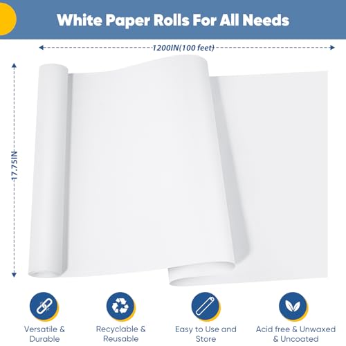 Art Paper Roll for Crafts, Drawing & Painting, 17.75"x1200" (100') White Gift Wrapping Craft Kraft Bulletin Board Poster Banner Coloring Paper, Kids Art Supplies, Wedding Floral Supplies 80GSM 55LB