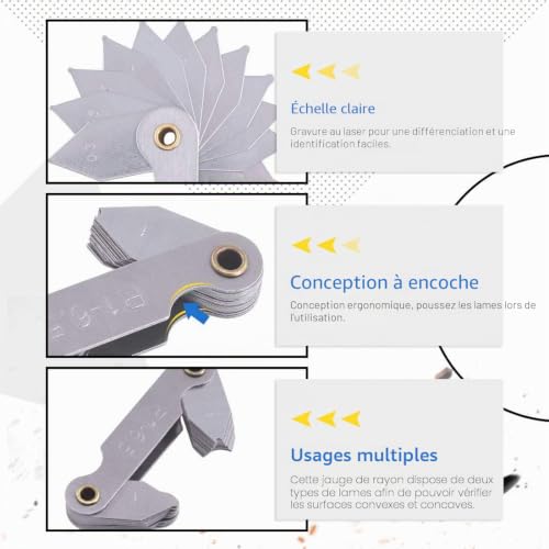 Glarks Lot de 4 jauges de rayon R0.3-1.5/R1-6.5/R7-14.5/R15-25 en acier inoxydable - Outil de mesure convexe portable pour outils et machines de découpe – vue 5