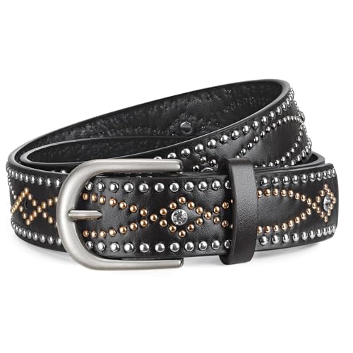 WHIPPY Damen Nieten Gürtel Retro Nietengürtel mit silberner Schnalle Rock Punk Gürtel für Jeans Hosen Schwarz 100cm