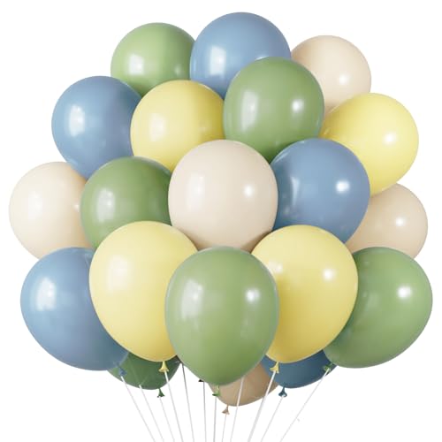 Image of RUBFAC Sage Green Dusty Blue Yellow Balloons, Party Balloon Pastel Yellow for Theme Baby Shower Decorations Birthday Wedding Party Supplies, 65pcs 12 Inches