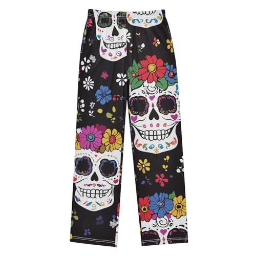 ZZXXB Skull with Colorful Flowers Boys Long Pants Soft Trousers Elastic Waist Kids Lounge Bottoms with Pockets S-XL