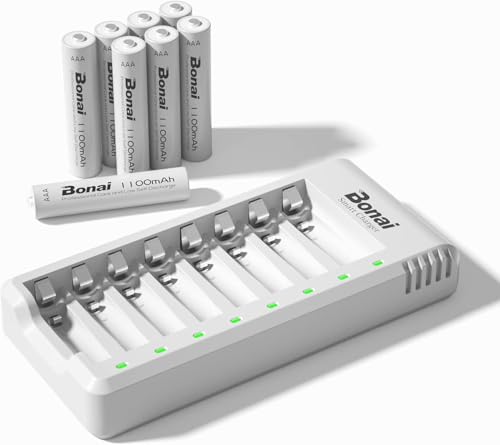 BONAI Cargador de Pilas Recargables con 8 Piezas de 1100mAh AAA Ni-MH Pilas Recargables, 8 Ranuras Independientes con Luces LED(Carga rápida USB)