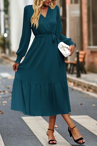 Image of PRETTYGARDEN Women's Floral Boho Dress Fall Long Sleeve Wrap V Neck Ruffle Flowy Maxi Spring Wedding Guest Vacation Dresses