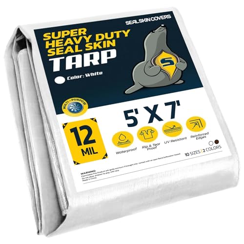 Seal Skin Covers Heavy Duty Waterproof Tarp 5x7 FT, 12 Mil 8 OZ 120 GSM Thick White Poly Tarp with Rustproof Grommets, Tear-Proof Cover with Reinforced Edges for Camping, Pool, Canopy Use