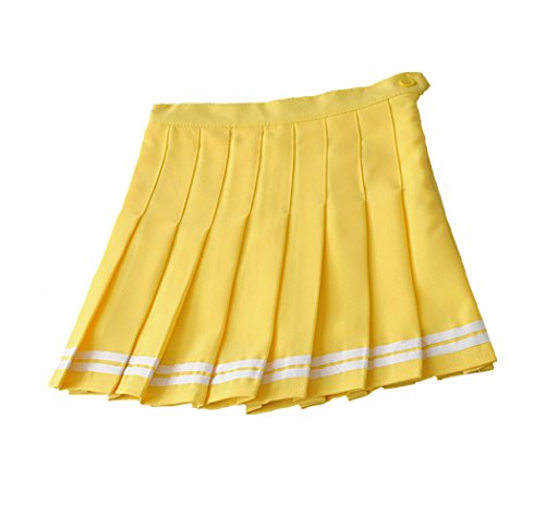 MINUOYI Sports High Waist with Underpants Tennis Badminton Cheerleader Pleated Skirt (Tag Size XL, Yellow + White Stripe)