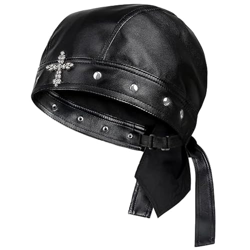 Biker Cap for Women/Men Leather Motorcycle Skull Cap with Snug Fit Adjustable Biker Doo Rag Headwrap for Riding (only hat)