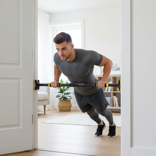 Image of DOORWAY PULL UP BAR FOR HOME WORKOUT, ADJUSTABLE NO-SCREW MECHANISM, NON-SLIP FOAM GRIP, HEAVY DUTY 200KG LOAD CAPACITY, UPPER BODY EXERCISE EQUIPMENT FOR MEN AND WOMEN