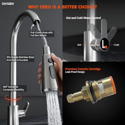 Image of Lorazzo Creo Pull-Down Kitchen Faucet SS304 | Kitchen Sink Tap Faucet - Hot and Cold with 360 Swivel, Dual Spray Modes | Deck Mount Kitchen Tap for Home Sink | 10-Year Lorazzo Limited Warranty
