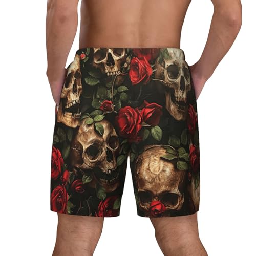 Skull and Red Rose Mens Double Polyester Swimsuit Trunks Swim Shorts with Compression Liner and Patch Pocket.4