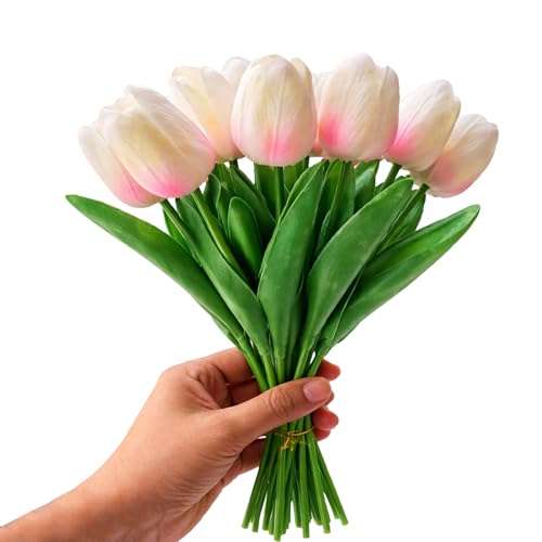 FauXL Artificial Pink Tulip Flower Bouquet for Vase – Pack of 10 Stems; Premium Real-Look Faux Tulips for Home Décor, Living Room, Bedroom, Office Decoration (White-D)
