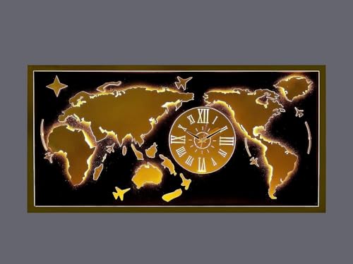 Image of METSYMetal Laser Cut (World Map with Analogue Clock) Wall Hanging Gold World map (Black & gold 5 * 2.5) gold lightening black and golden map wall decor for living room