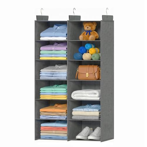 Image of ALLTIDYUP Space-Saving Hanging Closet Storage Organizer – Dual-Row Foldable Shelves with 3 Hooks, 6-Tier Wardrobe Organizer for Dorm, Bedroom, Closet (Grey)