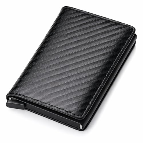 Carteira Slim Masculina de Couro Carbon Fiber, Pop-Up Automático, Porta Cartões com Compartimento para Notas, RFID