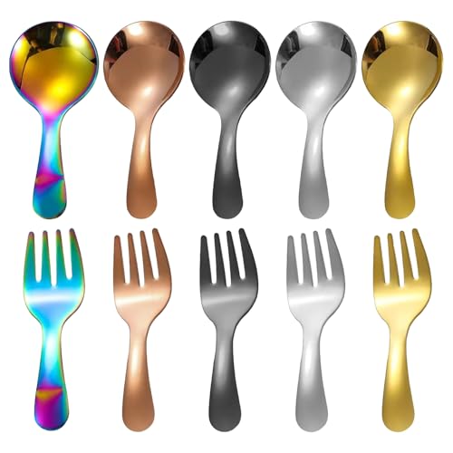 Bofanze 10 Stk Kleiner Salzlöffel aus Edelstahl Edelstahl Gabel Set,Spiegelpoliert,Teelöffel Dessertgabeln Zuckerlöffel Kleine Gabeln Mini Löffel Besteck Gabeln für Kaffee,Desserts,Familie, Restaurant