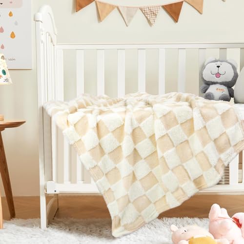 Image of HOMRITAR Beige Checkerboard Baby Blanket for Boys Girls Fluffy Fleece