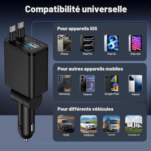 4 en 1 Rétractable Chargeur Allume Cigare USB C, Chargeur Voiture Charge Rapide avec Câble Type C, Prise Allume Cigare 12V pour iPhone 17 Pro 16e 15 14 13 12, Samsung Galaxy S25 Ultra S24 S23 S22 S21 – vue 7