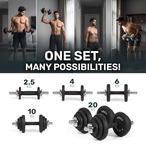 Image of The Cube Club Iron Dumbbells Set for Home Workout Gym Equipment with Anti-Slip Rod | 20kg Cast Iron Adjustable Dumbbell Weights with Carry Case Box for Men and Women Exercise