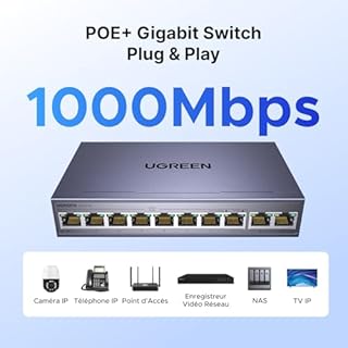 UGREEN Switch Ethernet PoE 10 Ports Gigabit Switch RJ45 8 Ports PoE+ 60W Multiprise RJ45 Boitier Métal 6KV Protection Contre la Foudre pour Bureau et Maison Compatible avec PC TV Nas Caméra