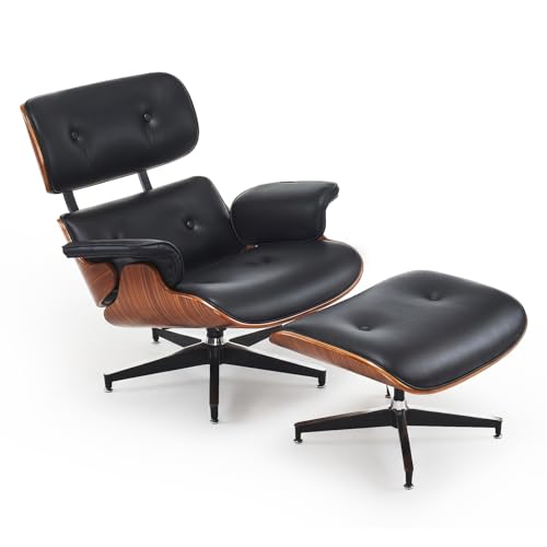 Mid-Century Modern Lounge Chair and Ottoman Set PU Leather Accent Chair with Wood Finish Modern Chair Classic Design Recline Swivel Reading Chair Heavy Duty Base Support for Living Room Office