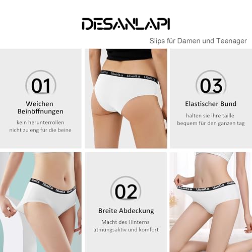 Desanlapi Unterhosen Teenager Mädchen Baumwolle Unterwäsche Stretch Slips Bequem Pantys Mädchen Schlüpfer für Teen 12-14 Jahren 6er Pack schwarz weiß grau M
