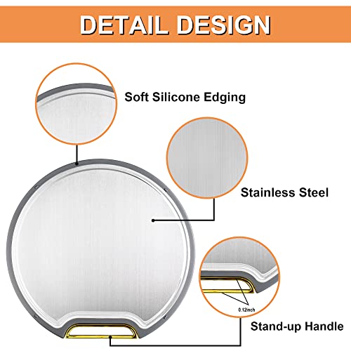 Windandsky Cutting Board For Kitchen,Stainless Steel Cutting Board,Double Sided Juice Grooves Design Chopping Board,Round Chopping Board,Can Be Placed Vertically,Easy Grip Handle,Green Edge #TOP5